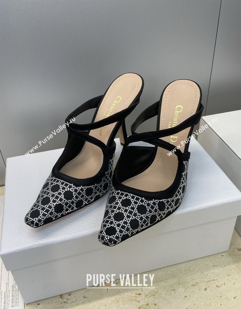 Dior Capture Heeled Mules 9.5cm Satin with Strass Cannage Motif Black 2025 DR121606 (JC-251216113)