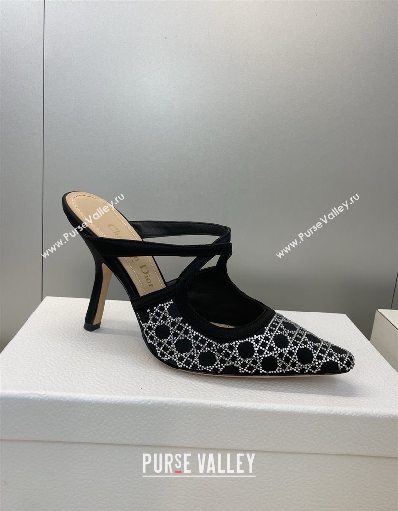 Dior Capture Heeled Mules 9.5cm Satin with Strass Cannage Motif Black 2025 DR121606 (JC-251216113)