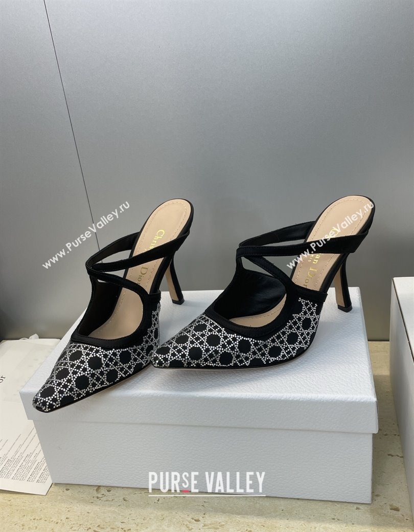 Dior Capture Heeled Mules 9.5cm Satin with Strass Cannage Motif Black 2025 DR121606 (JC-251216113)