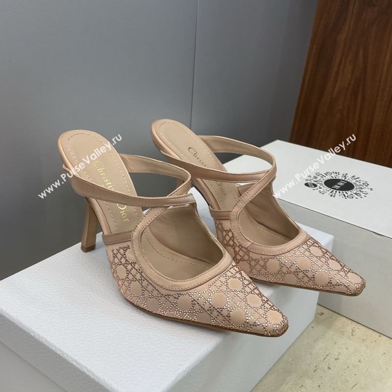 Dior Capture Heeled Mules 9.5cm Satin with Strass Cannage Motif Nude 2025 DR121606 (JC-251216114)