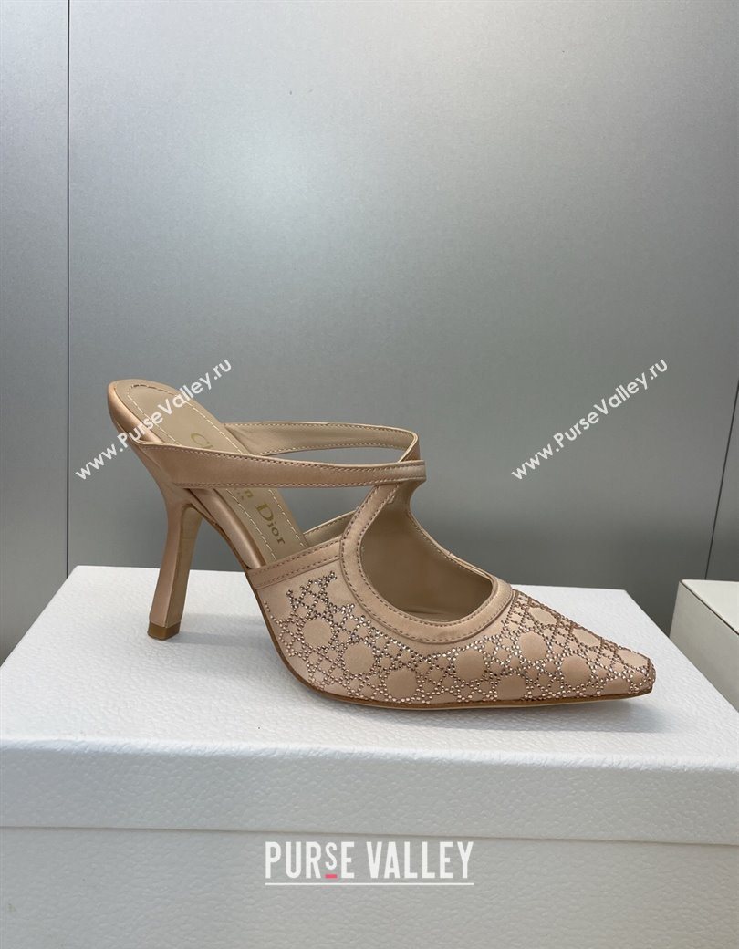 Dior Capture Heeled Mules 9.5cm Satin with Strass Cannage Motif Nude 2025 DR121606 (JC-251216114)
