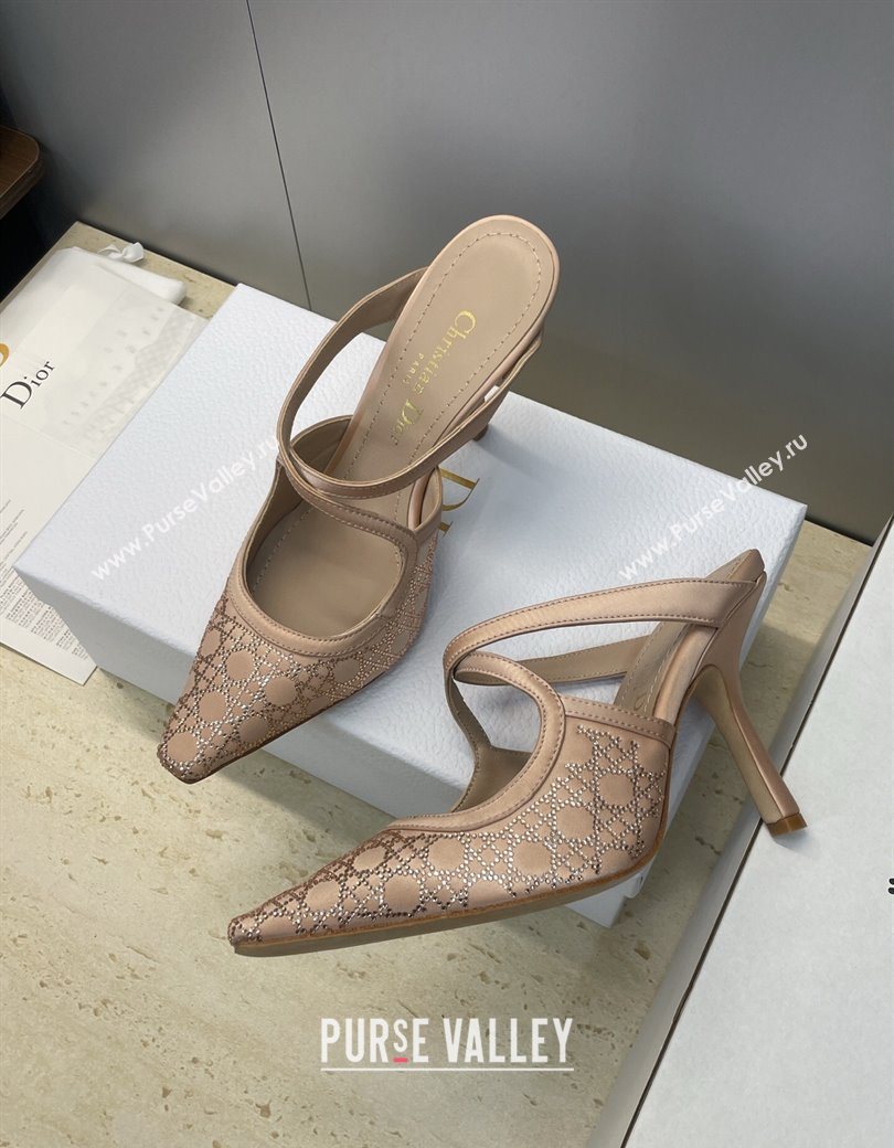 Dior Capture Heeled Mules 9.5cm Satin with Strass Cannage Motif Nude 2025 DR121606 (JC-251216114)