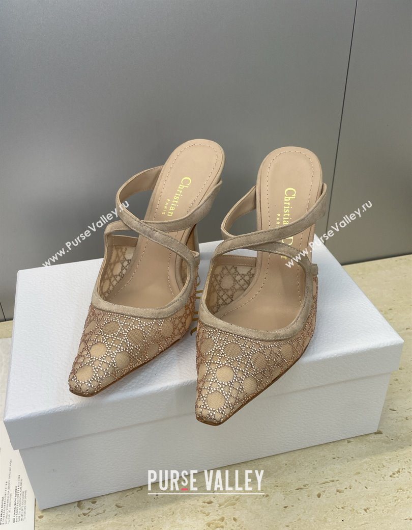 Dior Capture Heeled Mules 9.5cm in Mesh with Strass Cannage Motif Beige 2025 DR121606 (JC-251216115)