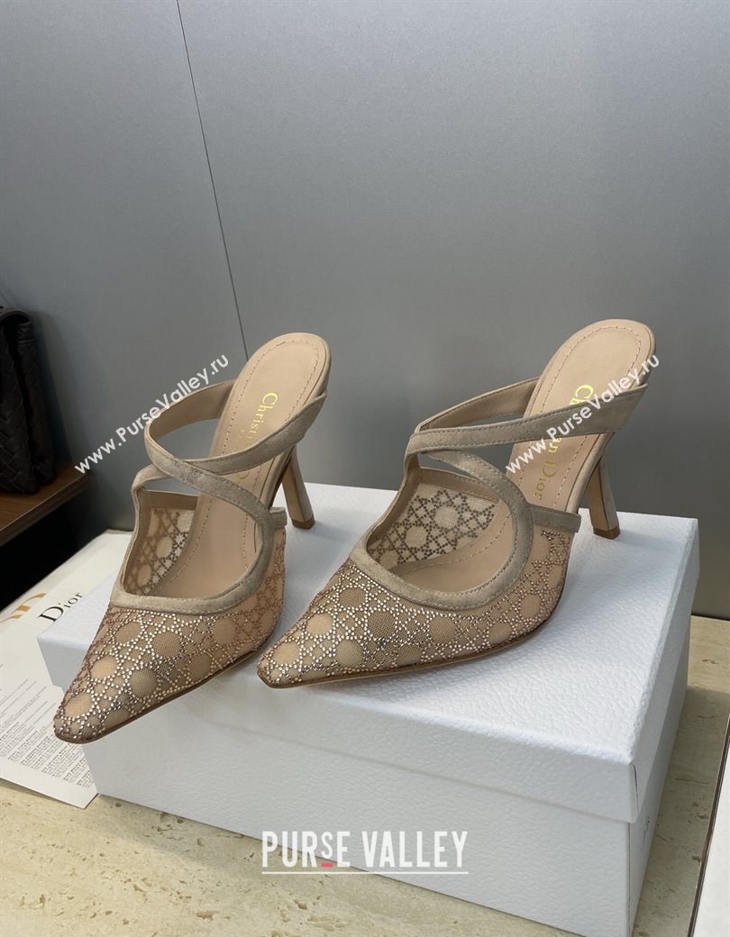 Dior Capture Heeled Mules 9.5cm in Mesh with Strass Cannage Motif Beige 2025 DR121606 (JC-251216115)
