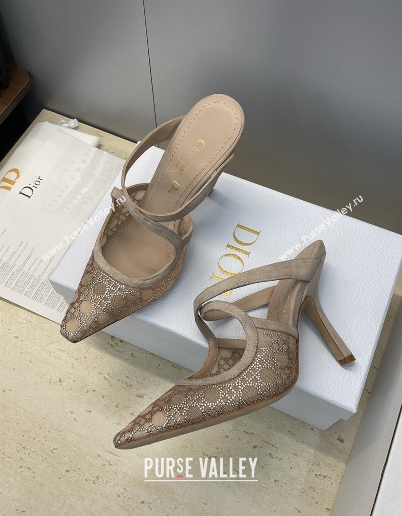 Dior Capture Heeled Mules 9.5cm in Mesh with Strass Cannage Motif Beige 2025 DR121606 (JC-251216115)