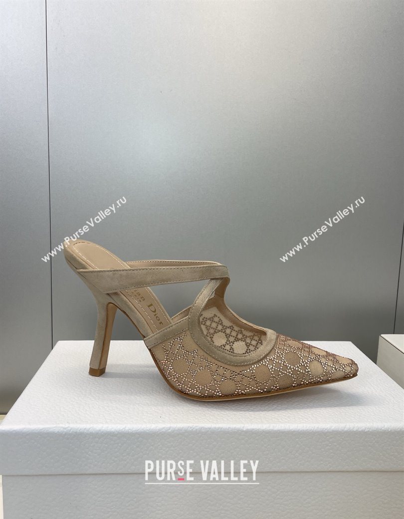 Dior Capture Heeled Mules 9.5cm in Mesh with Strass Cannage Motif Beige 2025 DR121606 (JC-251216115)