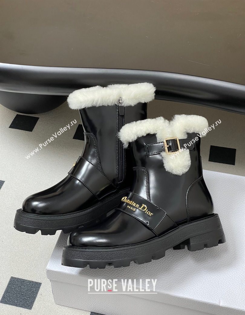 Dior DiorAlps D-Quest Ankle Boots in Shiny Calfskin and Wool with Buckle Strap Black 2025 DR121609 (MD-251216120)