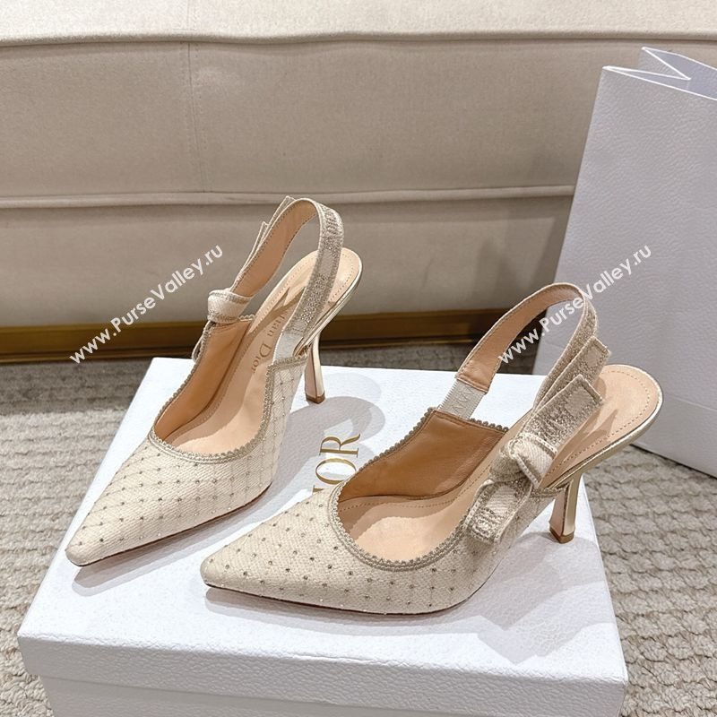 Dior JAdior Slingbacks Pump 9.5cm in Strass Microcannage Cotton Beige 2025 1217 (MD-251217045)