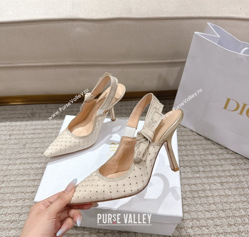 Dior JAdior Slingbacks Pump 9.5cm in Strass Microcannage Cotton Beige 2025 1217 (MD-251217045)