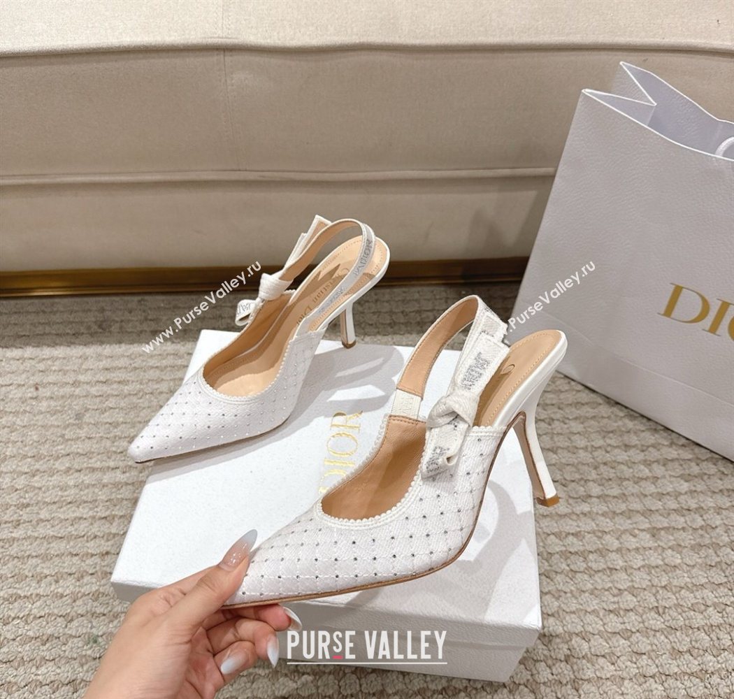 Dior JAdior Slingbacks Pump 9.5cm in Strass Microcannage Cotton White 2025 1217 (MD-251217046)