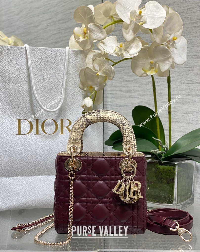Dior Mini Lady Dior Bag in Lambskin and Snakeskin Leather Burgundy 2026 DR012605 (XXG-260126040)