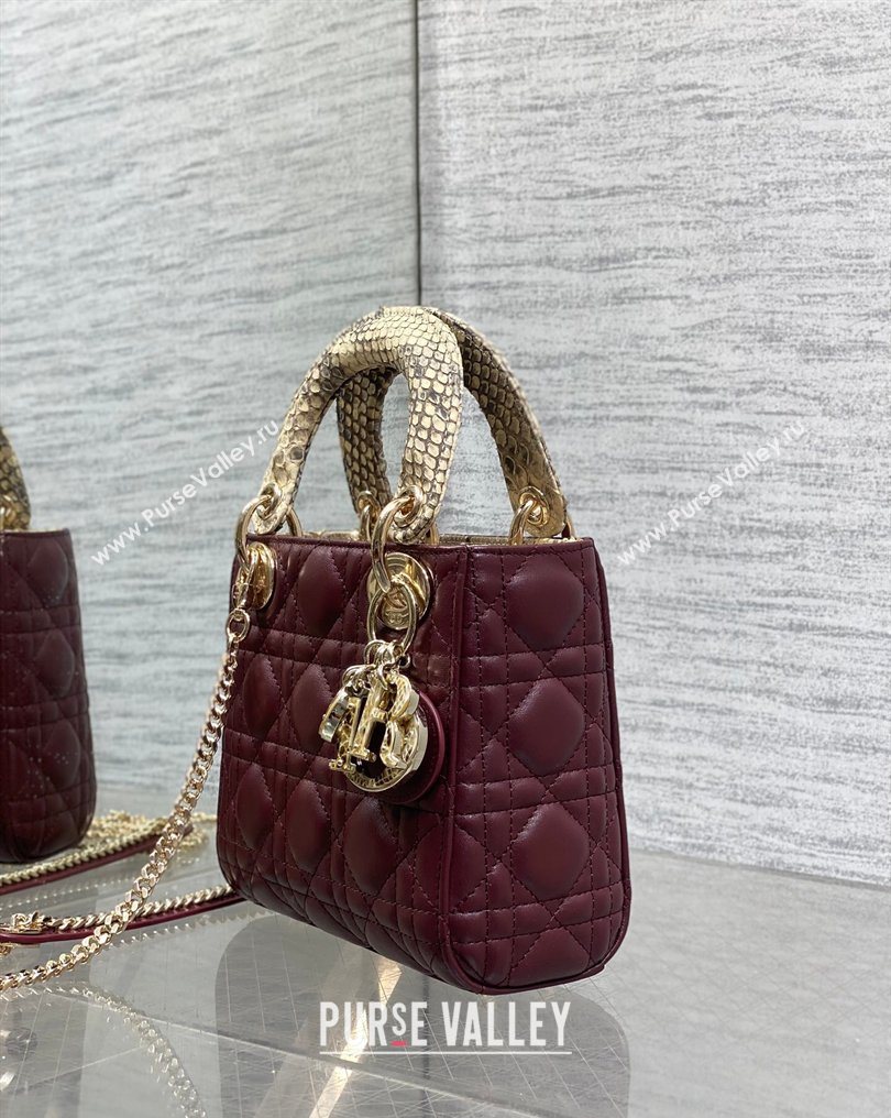 Dior Mini Lady Dior Bag in Lambskin and Snakeskin Leather Burgundy 2026 DR012605 (XXG-260126040)