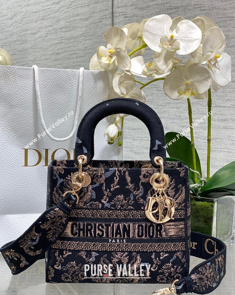 Dior Medium Lady D-Lite Bag in Embroidery Black/Gold/Blue 2026 0126 (XXG-260126060)