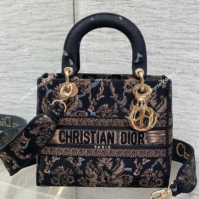 Dior Medium Lady D-Lite Bag in Embroidery Black/Gold/Blue 2026 0126 (XXG-260126060)