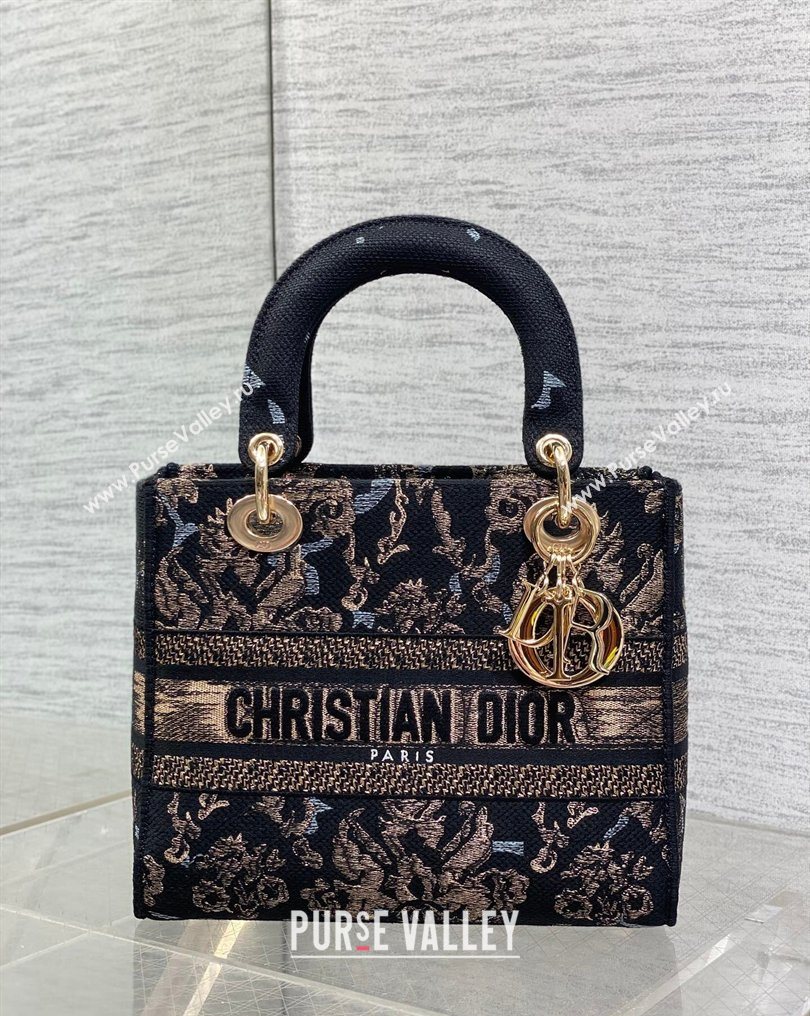 Dior Medium Lady D-Lite Bag in Embroidery Black/Gold/Blue 2026 0126 (XXG-260126060)