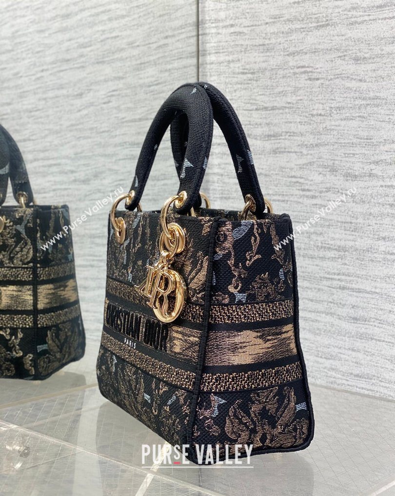 Dior Medium Lady D-Lite Bag in Embroidery Black/Gold/Blue 2026 0126 (XXG-260126060)