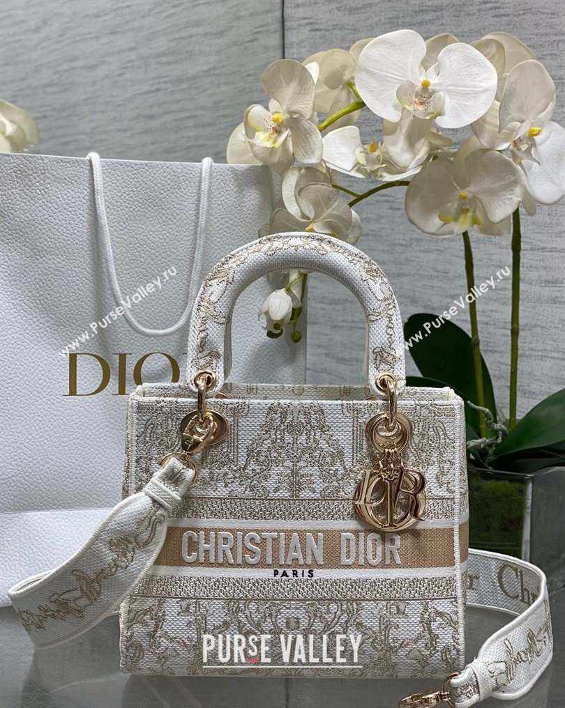 Dior Medium Lady D-Lite Bag in Latte White and Gold-Tone Dioresque Stella Cornely Embroidery 2026 0126 (XXG-260126061)