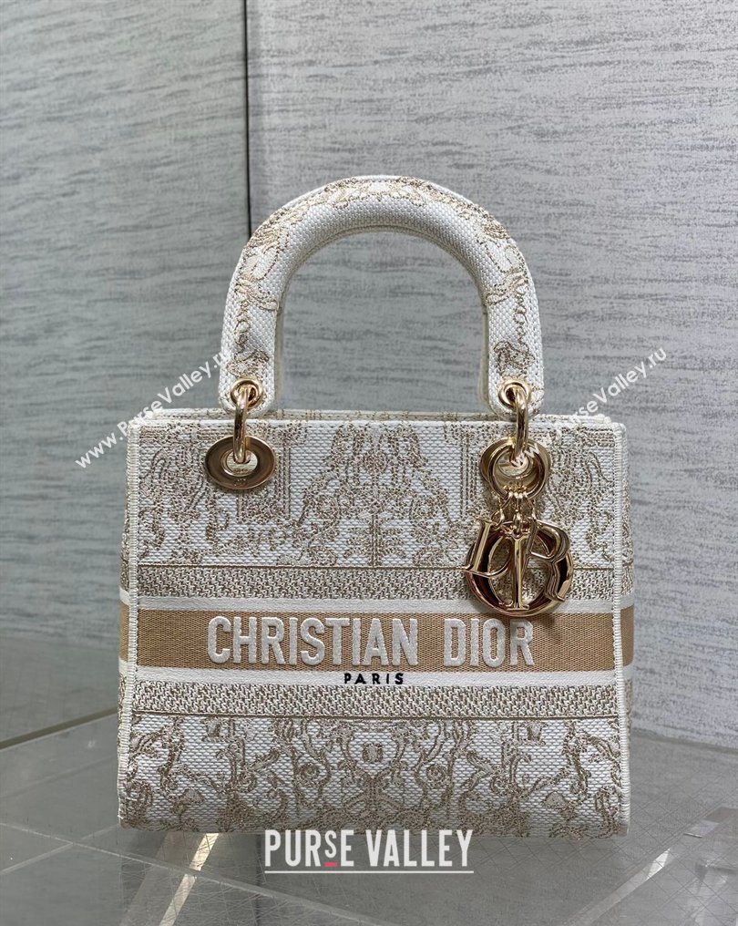 Dior Medium Lady D-Lite Bag in Latte White and Gold-Tone Dioresque Stella Cornely Embroidery 2026 0126 (XXG-260126061)