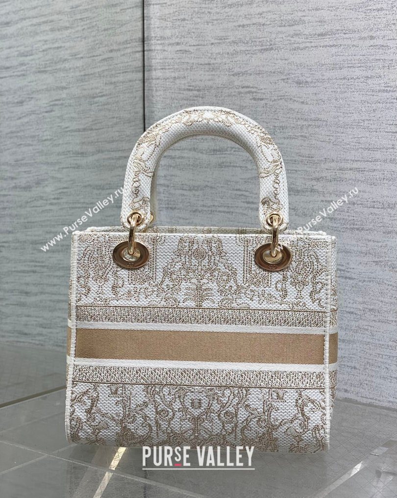 Dior Medium Lady D-Lite Bag in Latte White and Gold-Tone Dioresque Stella Cornely Embroidery 2026 0126 (XXG-260126061)