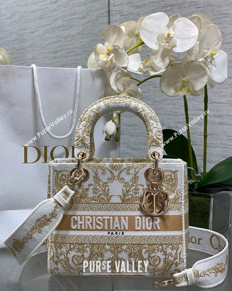 Dior Medium Lady D-Lite Bag in Latte White and Gold-Tone Dioresque Butterfly Cornely Embroidery 2026 0126 (XXG-260126062)