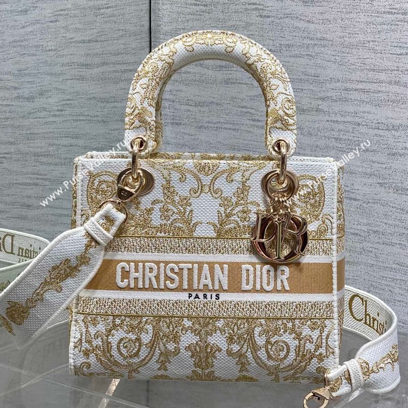 Dior Medium Lady D-Lite Bag in Latte White and Gold-Tone Dioresque Butterfly Cornely Embroidery 2026 0126 (XXG-260126062)