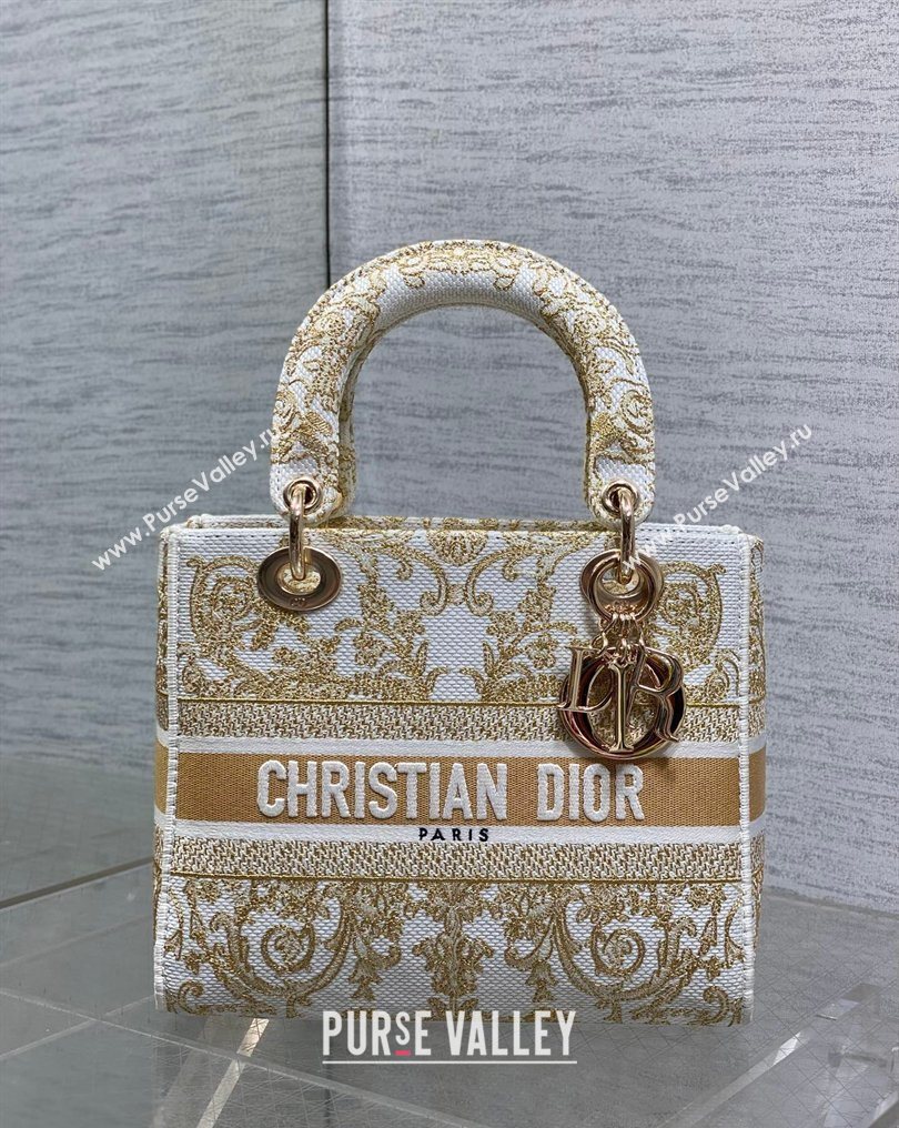 Dior Medium Lady D-Lite Bag in Latte White and Gold-Tone Dioresque Butterfly Cornely Embroidery 2026 0126 (XXG-260126062)