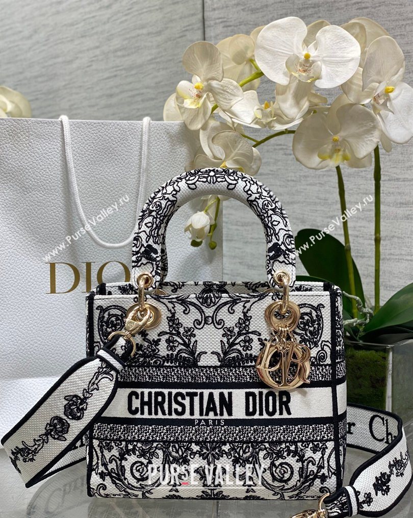 Dior Medium Lady D-Lite Bag in White and Black Dioresque Butterfly Cornely Embroidery 2026 0126 (XXG-260126063)