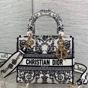 Dior Medium Lady D-Lite Bag in White and Black Dioresque Butterfly Cornely Embroidery 2026 0126 (XXG-260126063)