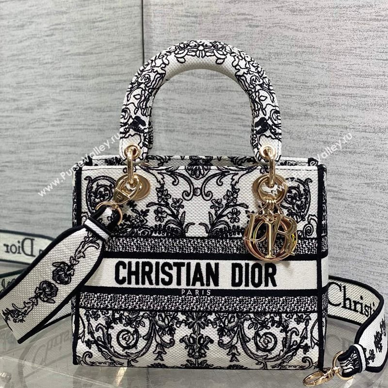 Dior Medium Lady D-Lite Bag in White and Black Dioresque Butterfly Cornely Embroidery 2026 0126 (XXG-260126063)