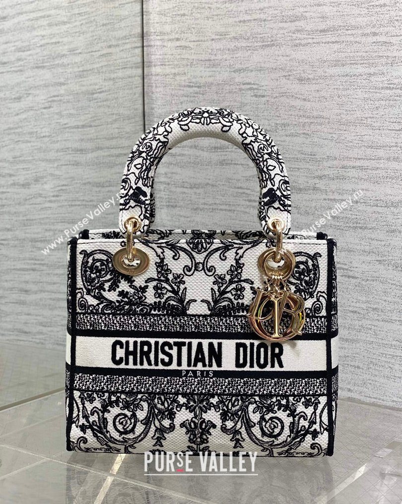 Dior Medium Lady D-Lite Bag in White and Black Dioresque Butterfly Cornely Embroidery 2026 0126 (XXG-260126063)