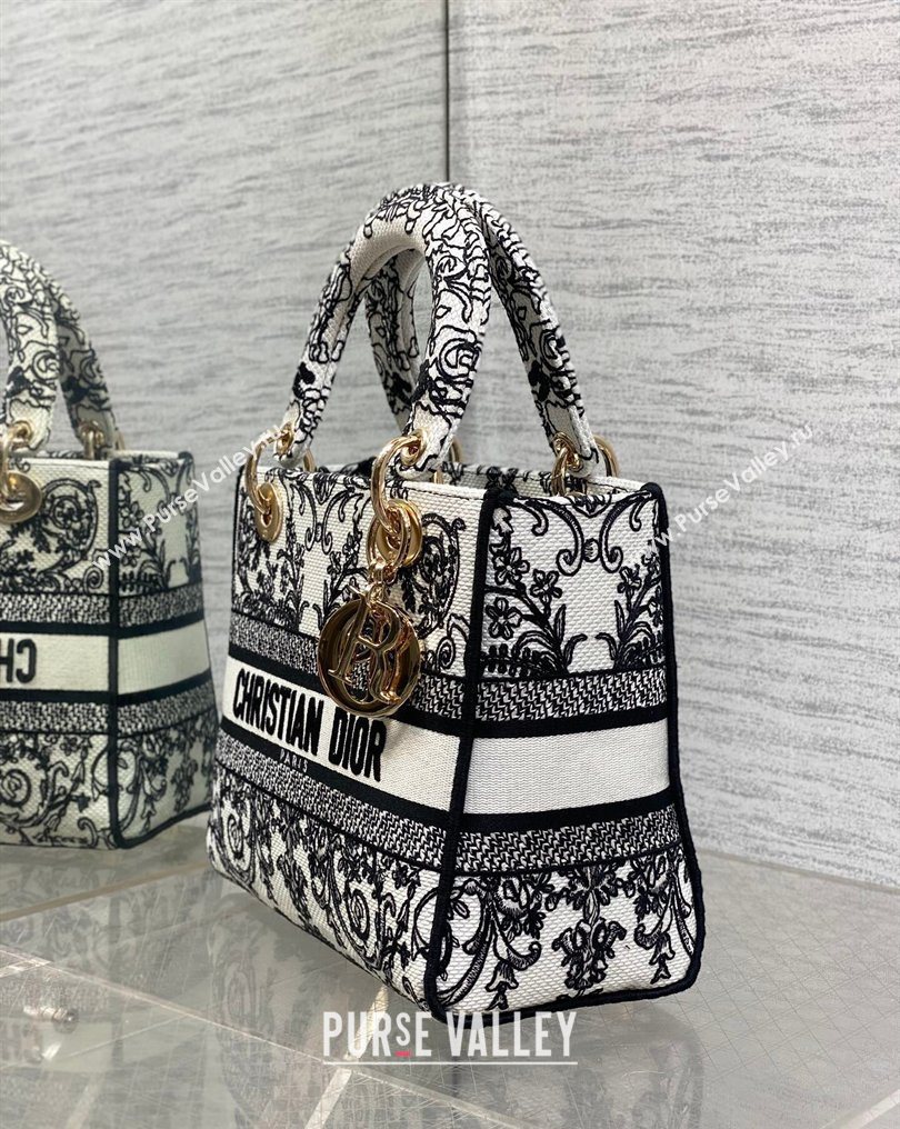 Dior Medium Lady D-Lite Bag in White and Black Dioresque Butterfly Cornely Embroidery 2026 0126 (XXG-260126063)