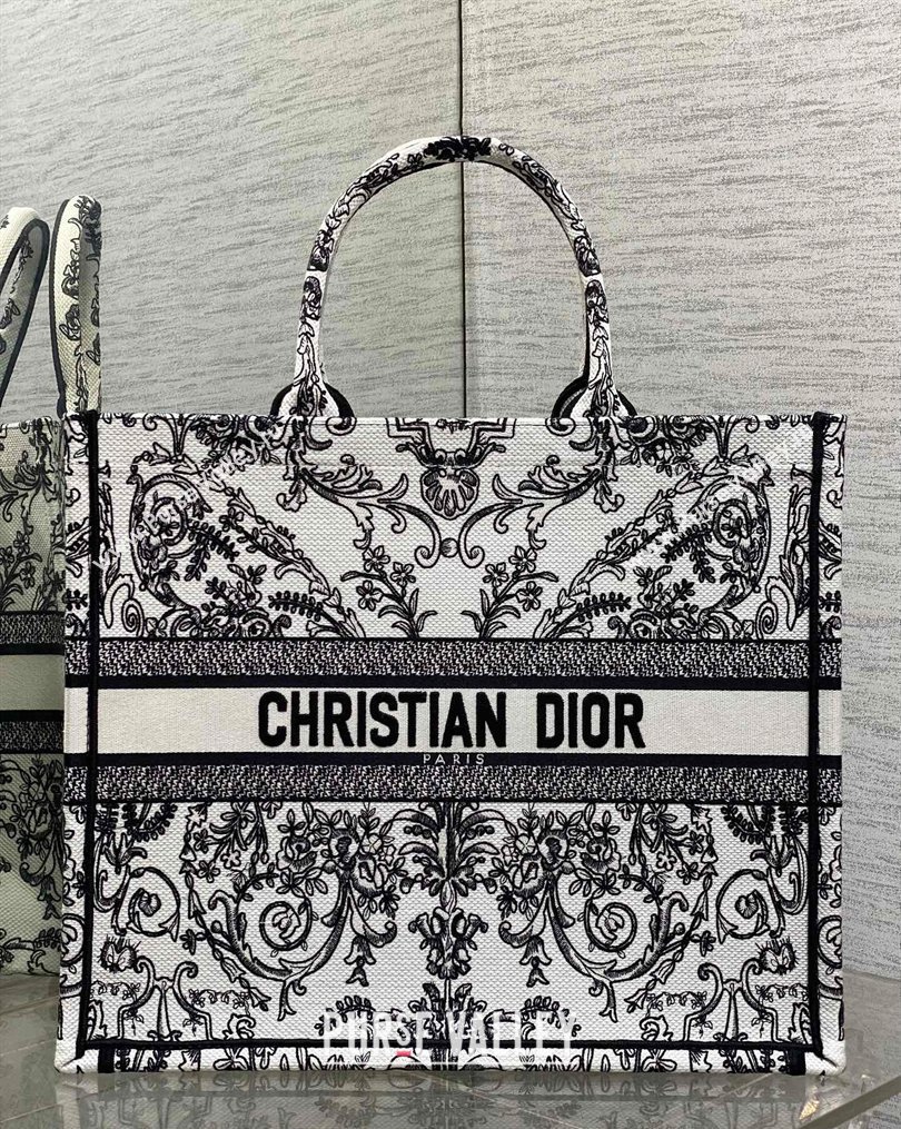 Dior Large Book Tote Bag in White and Black Dioresque Butterfly Cornely Embroidery 2026 0126 (XXG-260126070)