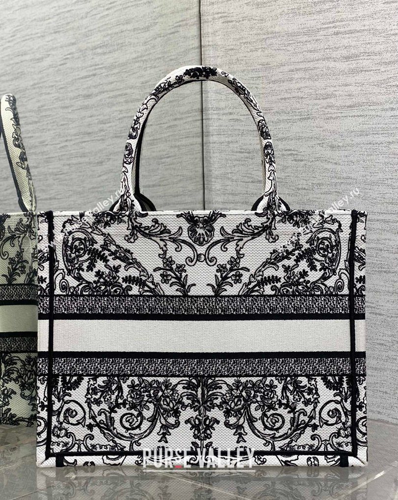 Dior Medium Book Tote Bag in White and Black Dioresque Butterfly Cornely Embroidery 2026 0126 (XXG-260126071)