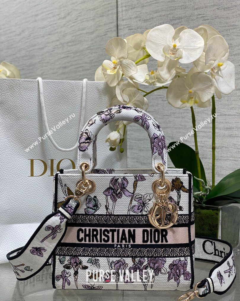 Dior Medium Lady D-Lite Bag in Latte White Butterflies Iris Purple Embroidery 2026 0126 (XXG-260126066)