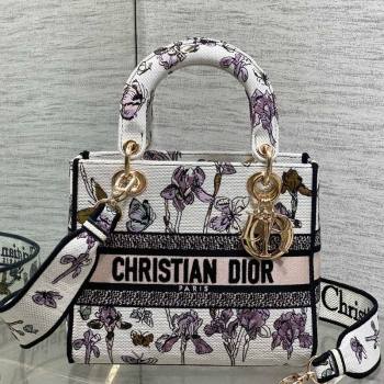 Dior Medium Lady D-Lite Bag in Latte White Butterflies Iris Purple Embroidery 2026 0126 (XXG-260126066)