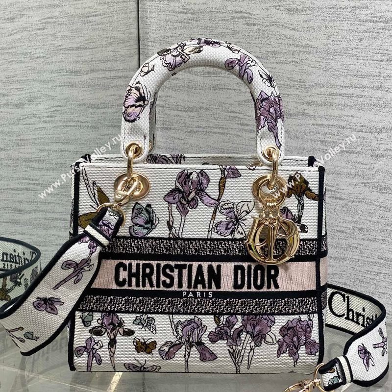 Dior Medium Lady D-Lite Bag in Latte White Butterflies Iris Purple Embroidery 2026 0126 (XXG-260126066)