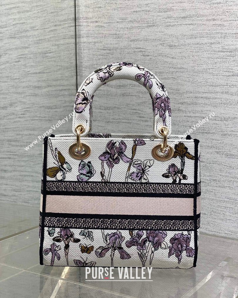 Dior Medium Lady D-Lite Bag in Latte White Butterflies Iris Purple Embroidery 2026 0126 (XXG-260126066)