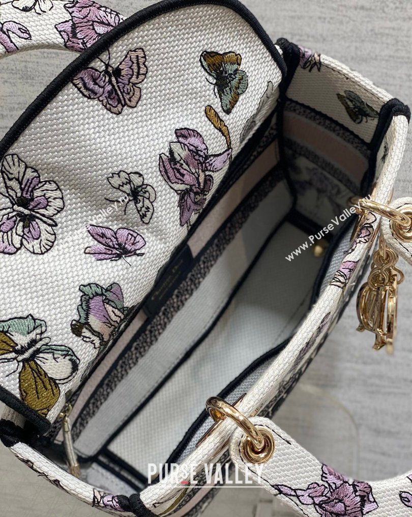 Dior Medium Lady D-Lite Bag in Latte White Butterflies Iris Purple Embroidery 2026 0126 (XXG-260126066)