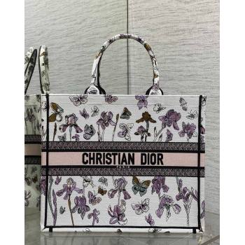 Dior Large Book Tote Bag in Latte White Multicolor Butterflies Iris Purple Embroidery 2026 0126 (XXG-260126079)