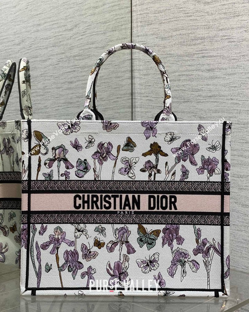 Dior Large Book Tote Bag in Latte White Multicolor Butterflies Iris Purple Embroidery 2026 0126 (XXG-260126079)