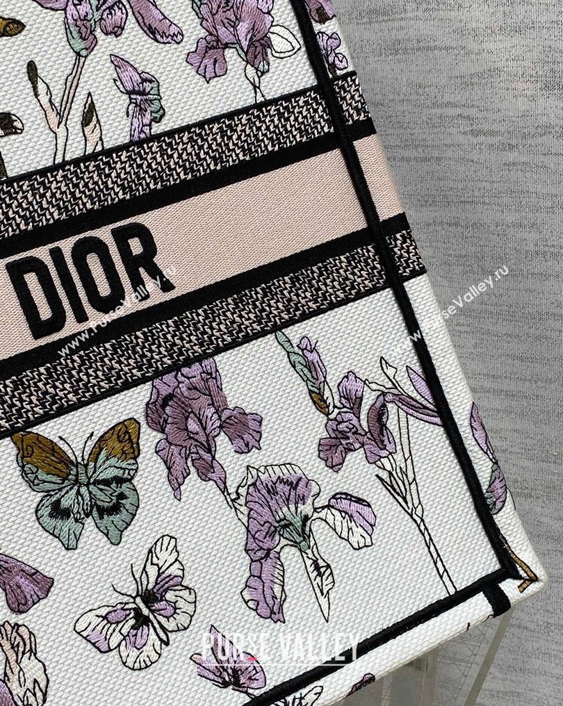 Dior Large Book Tote Bag in Latte White Multicolor Butterflies Iris Purple Embroidery 2026 0126 (XXG-260126079)