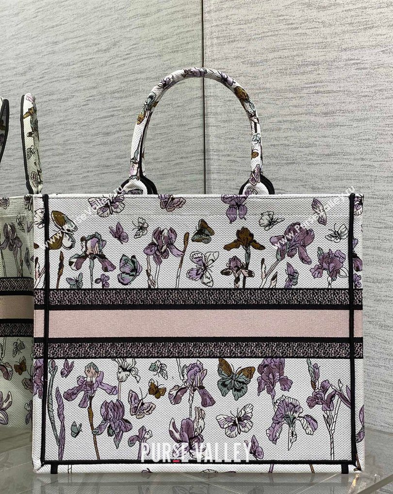 Dior Large Book Tote Bag in Latte White Multicolor Butterflies Iris Purple Embroidery 2026 0126 (XXG-260126079)