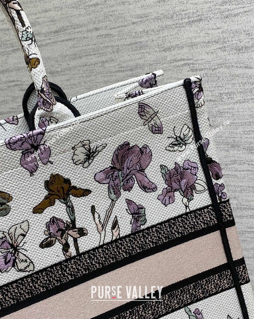 Dior Large Book Tote Bag in Latte White Multicolor Butterflies Iris Purple Embroidery 2026 0126 (XXG-260126079)