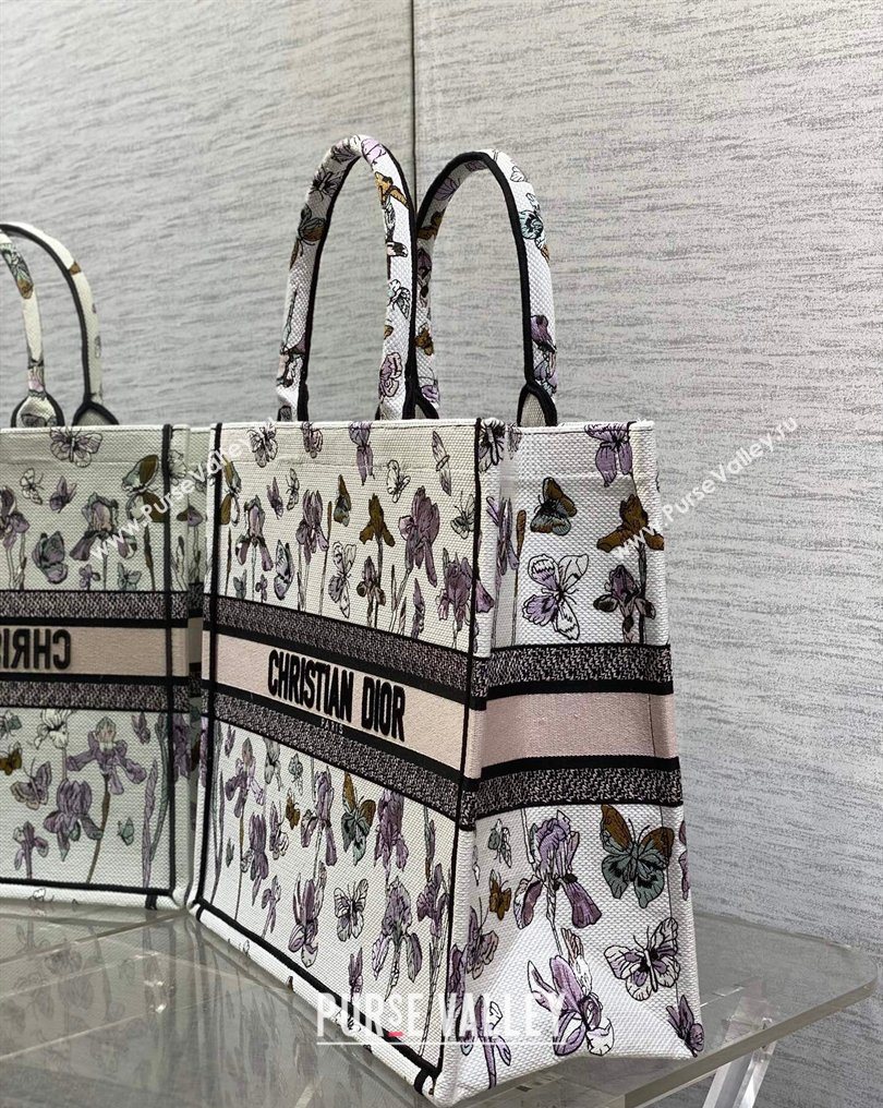 Dior Large Book Tote Bag in Latte White Multicolor Butterflies Iris Purple Embroidery 2026 0126 (XXG-260126079)