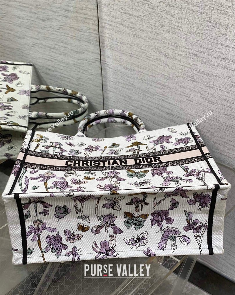 Dior Large Book Tote Bag in Latte White Multicolor Butterflies Iris Purple Embroidery 2026 0126 (XXG-260126079)