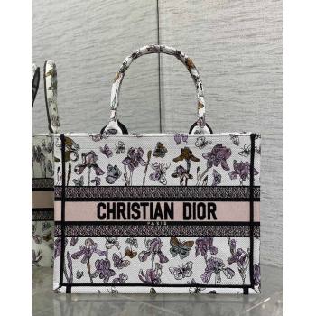 Dior Medium Book Tote Bag in Latte White Multicolor Butterflies Iris Purple Embroidery 2026 0126 (XXG-260126080)