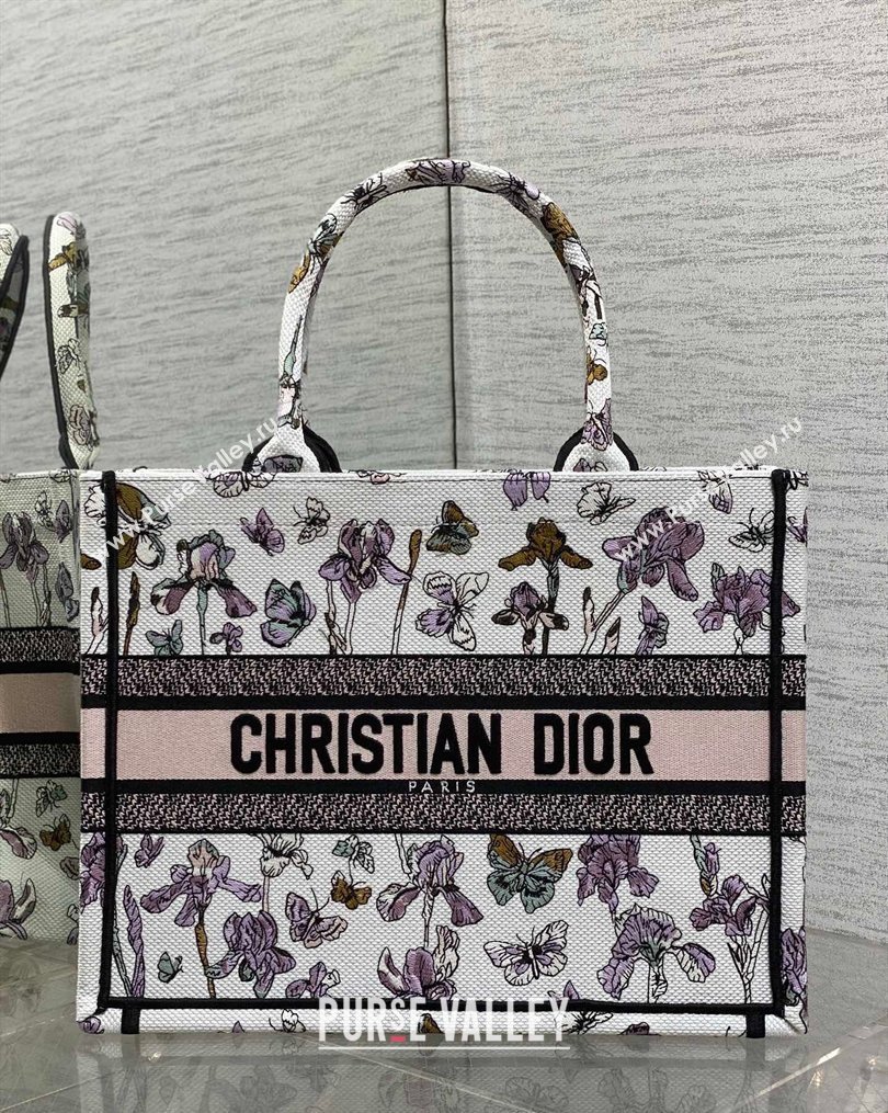 Dior Medium Book Tote Bag in Latte White Multicolor Butterflies Iris Purple Embroidery 2026 0126 (XXG-260126080)