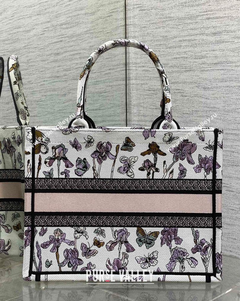 Dior Medium Book Tote Bag in Latte White Multicolor Butterflies Iris Purple Embroidery 2026 0126 (XXG-260126080)
