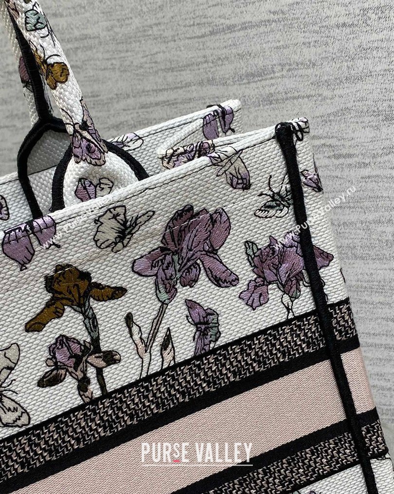 Dior Medium Book Tote Bag in Latte White Multicolor Butterflies Iris Purple Embroidery 2026 0126 (XXG-260126080)