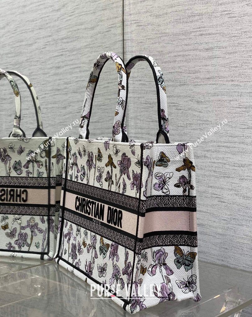 Dior Medium Book Tote Bag in Latte White Multicolor Butterflies Iris Purple Embroidery 2026 0126 (XXG-260126080)